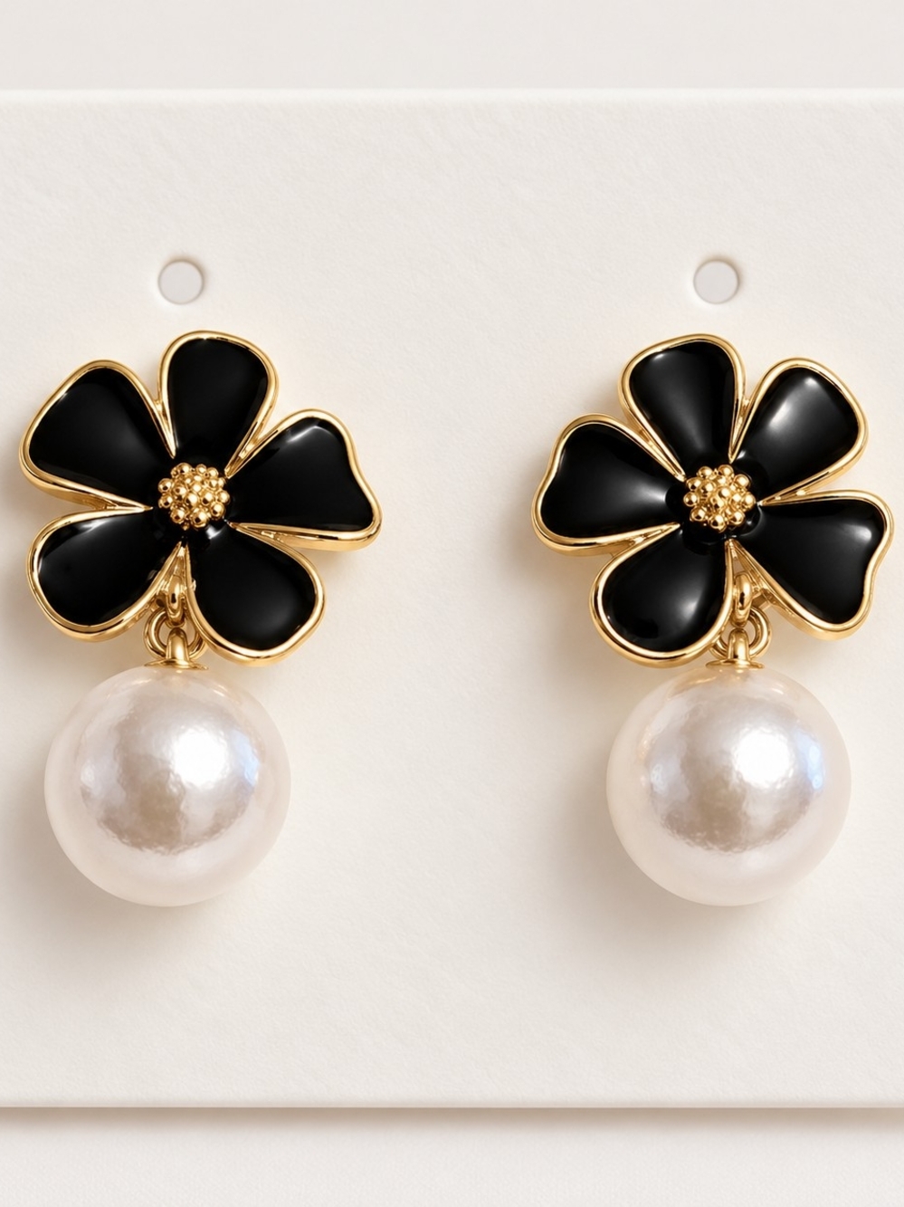 Gold-Tone Black Flower Faux Pearl Drop Earrings New